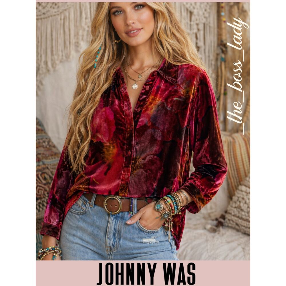 Johnny Was velvet shirt floral button-down silk blend XS